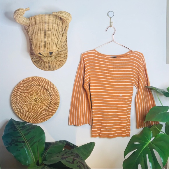 Ann Taylor Ribbed Orange White Bell Sleeve Blouse - Picture 4 of 8